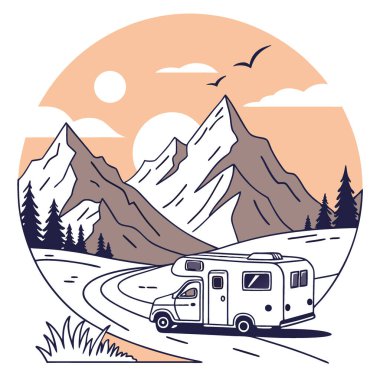 Bir karavan, sakin bir dağlık yolda batan güneşin son ısıtıcı ışınlarının tadını çıkarır. Gezgin şehvetinin özünü yakalıyorum. Yapay zeka üretildi. Vektör simgesi