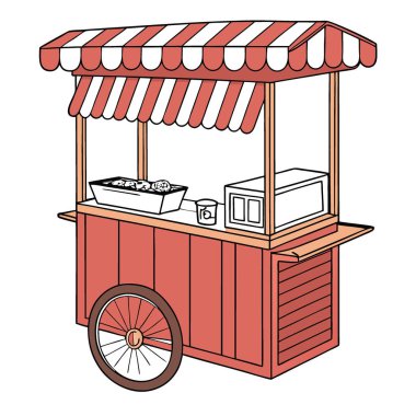 Beyaz arka planda tepe örtüsü olan parlak kırmızı seyyar yiyecek arabası. Al 'in ürettiği sokak yemekleri ve açık hava etkinlikleri için ideal. Vektör simgesi