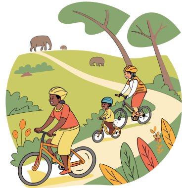 Hindistan 'dan gelen aile ulusal parklarda maceralar yaşamak için bisiklet sürüyor. Aile seyahatinde kültürel çeşitliliği tanıtmak. Yapay zeka üretildi. Vektör simgesi