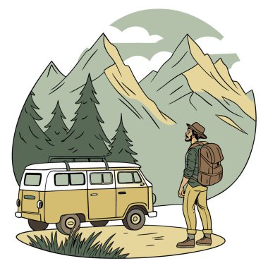 Sırt çantalı kaşif klasik sarı bir minibüsün yanında duruyor. İlerideki nefes kesici dağ manzarasına girmeye hazır. Yapay zeka üretildi. Vektör simgesi