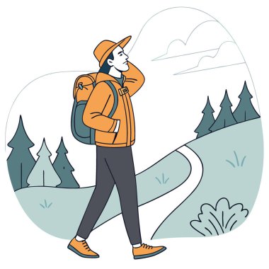 Turuncu ceketli ve sırt çantası taşıyan bir adamın resmi. Açık hava ve macera temalı projeler için uygun. Yapay zeka üretildi. Vektör simgesi