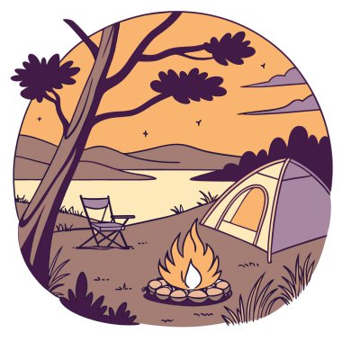 Sıcak bir ateş alacakaranlıkta kamp alanının yanındaki kamp ateşinde çatırdıyor. Arkasında bir göl var. Bir çadır. Ve Al 'in ürettiği bir kamp sandalyesi. Vektör simgesi