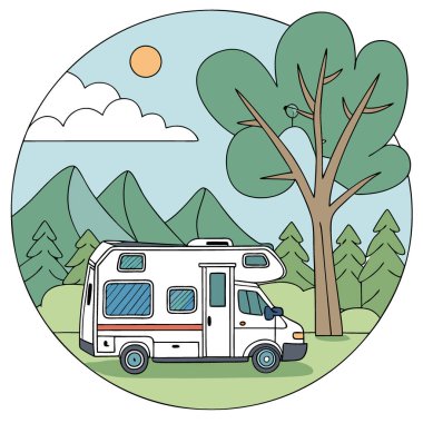 Çatıda güneş panelleri olan bir karavanın fotoğrafı. Çevre dostu seyahat ve turistler için kullanıma hazır elektriği sembolize ediyor. Yapay zeka üretildi. Vektör simgesi