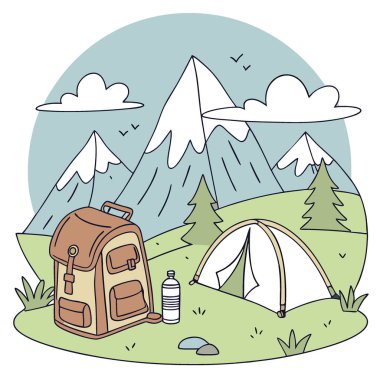 Kamp malzemeleri ve sırt çantası. Çadır. Güneşli bir günde manzaralı bir dağ manzaralı bir yere kurulmuş su şişesi. Vektör simgesi