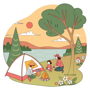 Victoria Günü 'nü kutlayan aile kamp gezisi. Doğa. Şenlik. Çadırlar. Göl kenarında. Açık hava macerası. Vatansever. Yapay zeka üretildi. Vektör simgesi