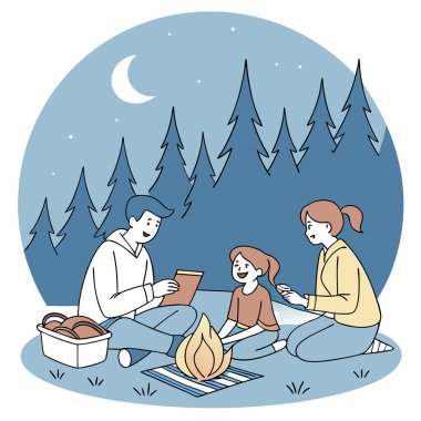 Aile sıcak bir kamp ateşi etrafında toplanıyor. Akşam gökyüzünün altında rahat bir ortamda kahkahaların ve sıcaklığın tadını çıkarıyordu. Yapay zeka üretildi. Vektör simgesi