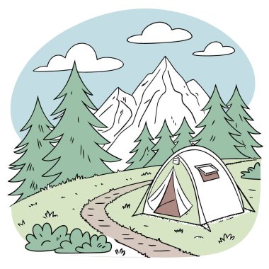 Nefes kesici dağ manzarası sunan bir çadır kampı planlayın. Doğal manzarayla uyum sağlama önceliği. Yapay zeka üretildi. Vektör simgesi