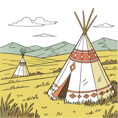 Yellowstone Ulusal Parkı 'nda çadır. Wyoming 'de. İlk uluslar, Kuzey Amerika 'nın açık ovalarında tüyo veriyor. - Evet. Yapay zeka üretildi. Vektör simgesi