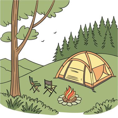 Sandalyelerin yanında yanan odunlar ve ormanda kamp çadırı olan güzel bir şenlik ateşi. Kamp yapmak. Tatilde. Tatillerde. Dinlenme yapay zeka üretildi. Vektör simgesi