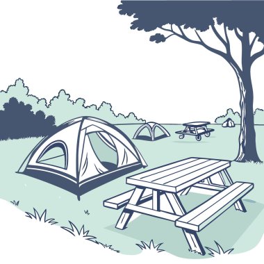 Kamp geçmişi olan boş bir tahta masa. Çadırlar ve piknik masaları bulanıklaştı. Ürün yerleştirmek için yer. Reklam veya marka. Yapay zeka üretildi. Vektör simgesi