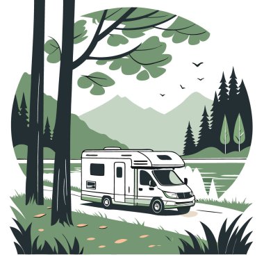 Huzurlu bir göl kenarına parkedilmiş lüks bir eğlence aracı sakin vahşi doğayı yansıtıyor. Yapay zeka üretildi. Vektör simgesi