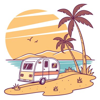 Güneş alçaldıkça batar. Bu görüntü kumlu kıyılarda park etmiş eski bir karavanın nostaljisini yansıtıyor. Macera bekliyor. Yapay zeka üretildi. Vektör simgesi