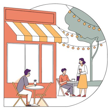 Açık bir kafenin bulanık arka planı ve masalarda oturan insanlar. İçmeyi ve telli ışıkların altında sosyalleşmeyi seviyor. Yapay zeka üretildi. Vektör simgesi