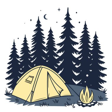 Parlak bir çadır ve yıldızlı bir gökyüzünün altında kamp ateşiyle ormanda kamp yapmak. Uzun çam ağaçlarıyla çevrili. - Evet. Yapay zeka üretildi. Vektör simgesi