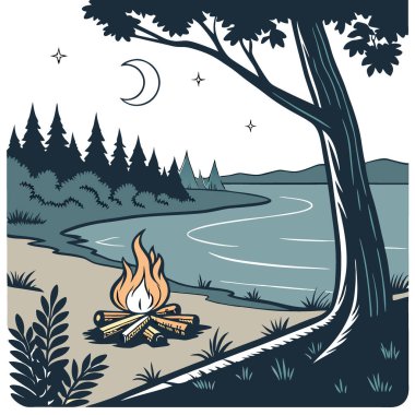Göl kenarında parlayan kamp ateşi. Açık alevlerle gün batımı. Yangın. ve kütükler. Geceleri kumsalda kamp yapmak. Huzurlu göl manzarası. Yapay zeka üretildi. Vektör simgesi