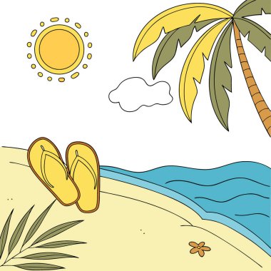 Yaz sahili geçmişi. Plaj aksesuarları - kumlu tropik sahilde sarı parmak arası terlikler açık güneşli bir günde mavi gökyüzüne karşı. Yapay zeka üretildi. Vektör simgesi