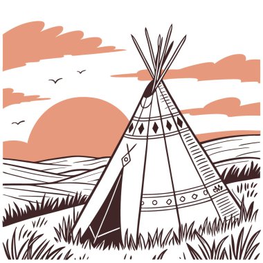 Gün batımında çimenli bir ovada Amerikan Yerlilerinin Wigwam 'ı. AI 'ın ürettiği, kabilenin yerli halklarının evi. Vektör simgesi