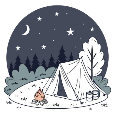 Parlayan bir kamp ateşi ve yıldızlı bir gece gökyüzünün altında sıcak bir çadırın olduğu sakin bir kamp sahnesi. Yapay zekanın yarattığı açık hava macerası için mükemmel. Vektör simgesi