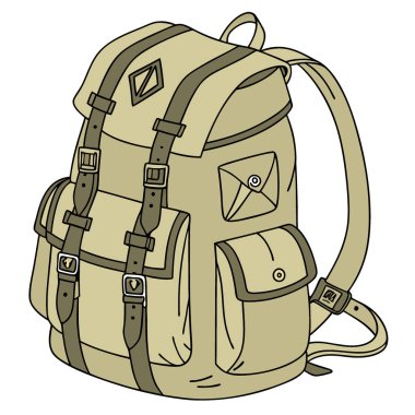 Şeffaf arka planda izole edilmiş haki rengi bir kamp çantası. Açık hava macerası için mükemmel. Seyahat. ve kamp temalı tasarımlar. Yapay zeka üretildi. Vektör simgesi