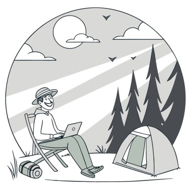 Geniş doğa ile çevrili her yerde çalışabilen ve dizüstü bilgisayar üzerinde çalışırken eğlenebilen uzaktan kumandalı bir işçi olarak kamp yapmak. Yapay zeka üretildi. Vektör simgesi