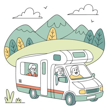 İki mutlu son sınıf öğrencisi birlikte gezintiler yapıp eğleniyor araba kullanıyor ve karavanı olan yeni yerler keşfediyor. Yapay zeka üretildi. Vektör simgesi