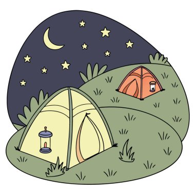 Yeşil çim tarlasında yanan fenerlerle kamp çadırları kuruldu. Yapay zekanın yarattığı yıldızlı gece gökyüzünün altında. Vektör simgesi