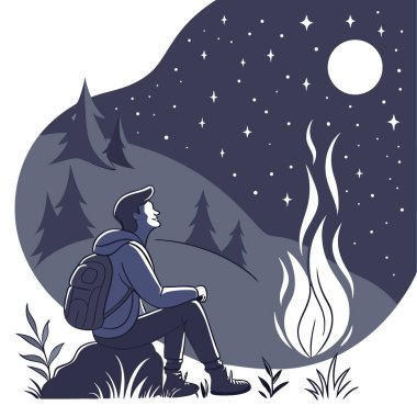 Gece gökyüzünün güzelliği, bir sırt çantasının vahşi doğada yıldızları izlerken kamp ateşinin sıcaklığının tadını çıkarmasıyla tam bir ekranda. Yapay zeka üretildi. Vektör simgesi