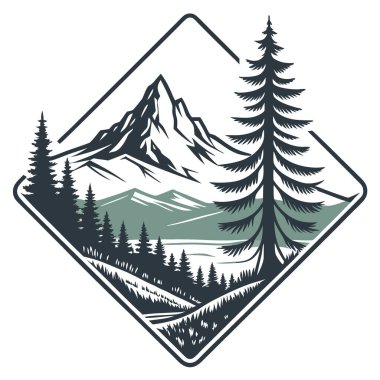 Vahşi doğa kaçışı. Dağ Ağacı Silueti Logo Vektör İllüstrasyonu Kamp Macerası ve Vahşi Yaşam Manzarası Panoraması. Yapay zeka üretildi. Vektör simgesi