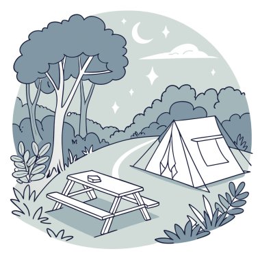 Bu huzurlu kamp alanında aydınlık çadırlar ve piknik masaları var. Akşam aktiviteleri için hoş geldin atmosferi yaratmak. Yapay zeka üretildi. Vektör simgesi