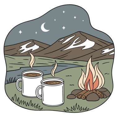 Açık hava kamp ateşinin yanında iki adet sıcak çay bardağı. Şenlik ateşinde sıcak bir içecek içmek. Yapay zekanın oluşturduğu İzlanda doğası. Vektör simgesi