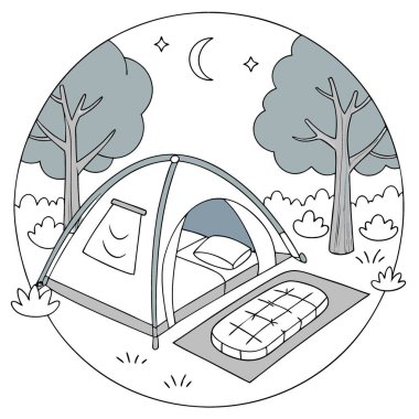 Şişme kamp yatağı ve çadırın içine yerleştirilmiş bir yastık. Yapay zekanın yarattığı açık hava uyku maceraları için rahatlık ve rahatlık sağlıyor. Vektör simgesi