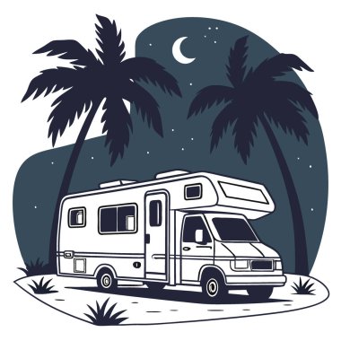 Aydınlatılmış bir karavan. Alacakaranlıkta asfalt zemine park edilmiş. İç ışıkları açık. Alacakaranlık gökyüzünün altındaki palmiye ağaçlarıyla çevrili yapay zeka üretildi. Vektör simgesi