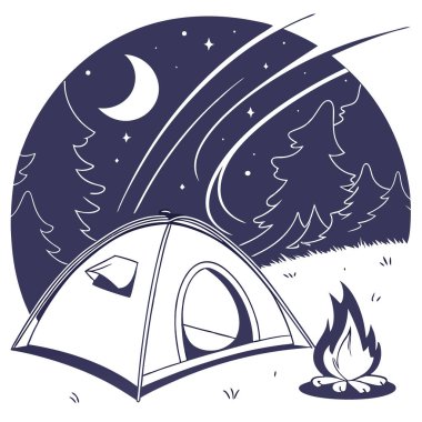 Geceleri yıldızların altında çadır kuruyorlar. Kamp alanının yanında şenlik ateşiyle. Uzun pozlama. Dadaizm. 32 bin. Yüksek kaliteli kopyalama alanı. Yapay zeka üretildi. Vektör simgesi