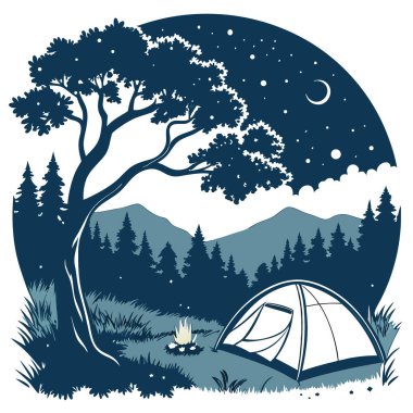 Yıldızların altında sakin bir kamp sahnesi. Ilık ışık saçan bir çadır ve kamp ateşiyle. Yapay zekanın oluşturduğu gece gökyüzünde görülebilen Samanyolu. Vektör simgesi