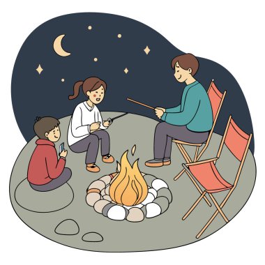 Bir aile akşam bir ateş çukurunun etrafında toplandı. Şekerlemeleri kızartır ve yapay zekanın yarattığı en sevdikleri aile anılarını paylaşırlar. Vektör simgesi