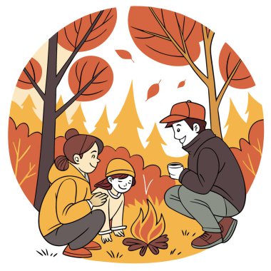 Üç kişilik bir aile kamp ateşi etrafında toplanıyor. Yapay zekanın oluşturduğu serin bir sonbahar akşamında ormanda gülümseyerek ve birbirimizin arkadaşlığından keyif alarak. Vektör simgesi
