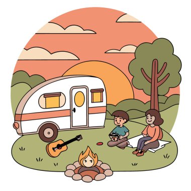 Seyahat karavanının yanında sıcak bir akşam. Kamp ateşi ve gitar. Karavanda aile kampı. Doğada dinlenmek. Güzel Günbatımı Arkaplanı yapay zeka üretildi. Vektör simgesi