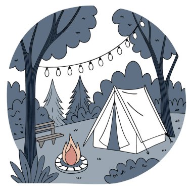 Ormandaki kamp alanına davet edildim. Çatırdayan ateş. Oturma odunları. Çadırdan gelen hafif bir parıltı ve ağaçlardaki iplik ışıkları. Yapay zeka üretildi. Vektör simgesi