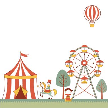 Klasik sirk temalı fon. Açık bir alanı olan tuhaf bir karnaval arkaplanı. Bilgi ya da mesaj eklemek için uygun. Yapay zeka üretildi. Vektör simgesi