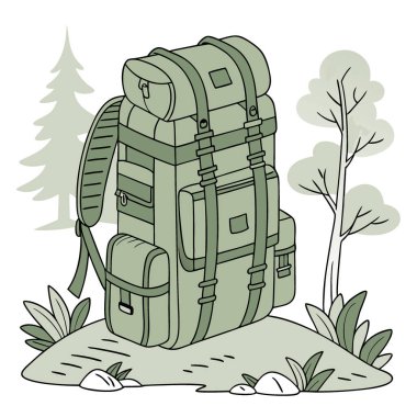 Orman yeşili renkte su geçirmez kumaşla inşa edilmiş çok yönlü ve dayanıklı bir sırt çantası. Yapay zeka üretildi. Vektör simgesi