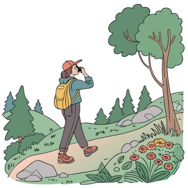 Yürüyüş Macerası. Yürüyüşçü dayanıklı bir şekilde ses içeriğini dinlerken doğanın tadını çıkarıyor. Açık hava kulaklıkları. Yapay zeka üretildi. Vektör simgesi