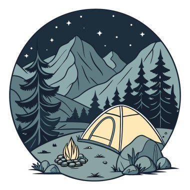Işıklı bir kamp çadırının üzerinde yıldızlı gece gökyüzü ve manzaralı bir dağ manzarasında kamp ateşi. Mükemmel bir açık hava macerası ve yapay zekanın yarattığı doğa kaçamağı. Vektör simgesi