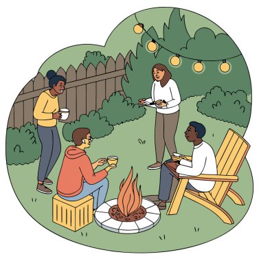 İş arkadaşlarının profesyonel fotoğrafları arka bahçedeki ya da bahçedeki bir ateş çukurunun etrafında toplandı. Kızarmış marşmelov ve paylaşım. - Evet. Yapay zeka üretildi. Vektör simgesi