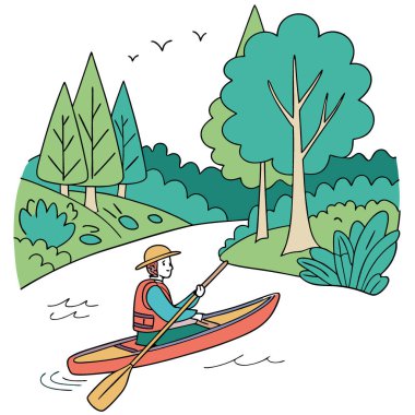 Çevre dostu bir aktivitenin tadını çıkaran bir insan. Kano ya da yürüyüş gibi. Doğal ortamları korumanın önemine odaklanarak. Yapay zeka üretildi. Vektör simgesi
