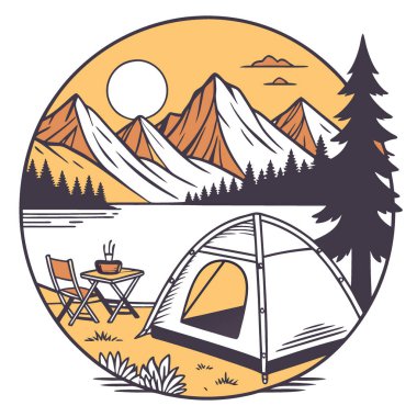 Huzurlu bir göl kenarında bir çadır kurulur. Dağlarla çevrili. Gün batımında rahatlamak için açık mobilyalı sakin bir yer öneriyor. Yapay zeka üretildi. Vektör simgesi