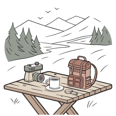 Ahşap bir masanın arka planında dekorasyon için boş bir yer ve yapay zekanın oluşturduğu bulanık bir dağ arkaplanı var. Vektör simgesi