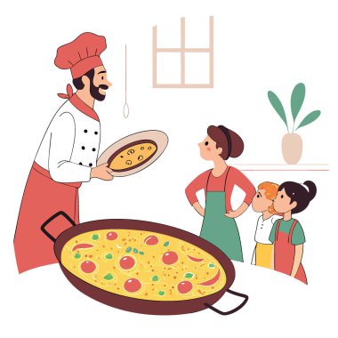 Aileler dev bir paella tavasının etrafında toplanmış İspanyol bir aşçının yapay zekanın oluşturduğu ikonik yemeği hazırlamasını bekliyorlar. Vektör simgesi