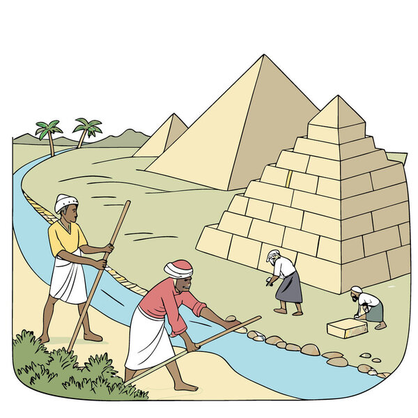 Ancient egypt civilization. people and workers building pyramids. Historic event. monument by nile river.. AI generated. Vector icon