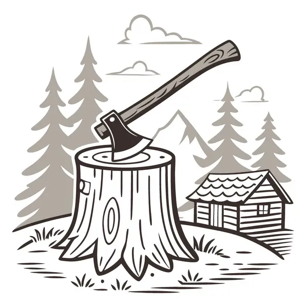 Oduncu için kereste doğramaya hazır baltayla gezme macerası için kamp malzemeleri. Yapay zeka üretildi. Vektör simgesi
