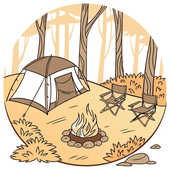 Sandalyelerin yanında yanan odunlar ve ormanda kamp çadırları olan güzel bir şenlik ateşi. Sandalye ve çadırın yanında kamp ateşi. Yapay zeka üretildi. Vektör simgesi